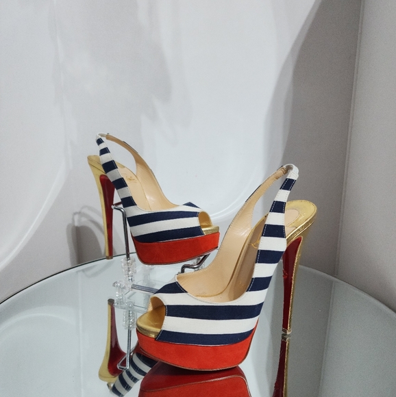 Christian Louboutin Lady Peep Sling 150 Toile Rayee Stripe Pumps Heels Size 35 - Picture 1 of 12